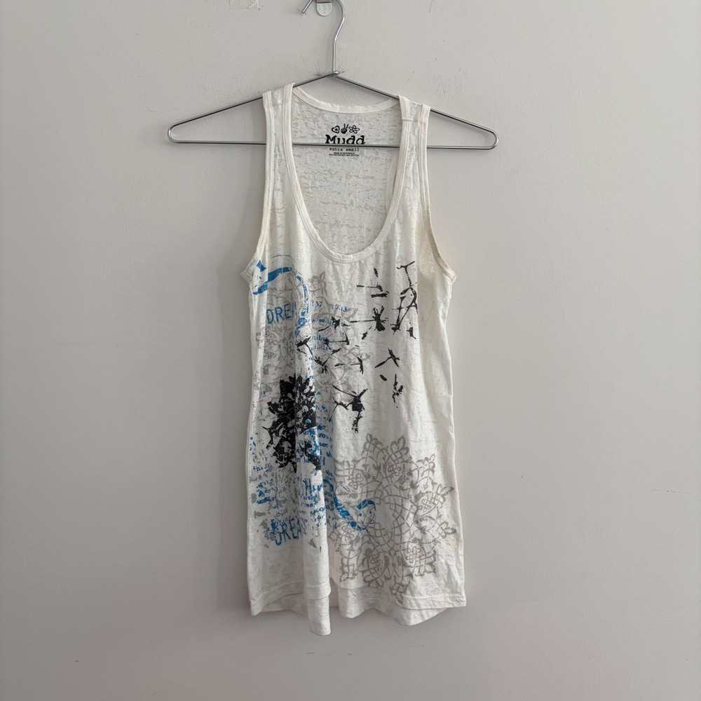 Mudd Womens Extra Small White Burnout Graphic Tank Top Racerback Y2K